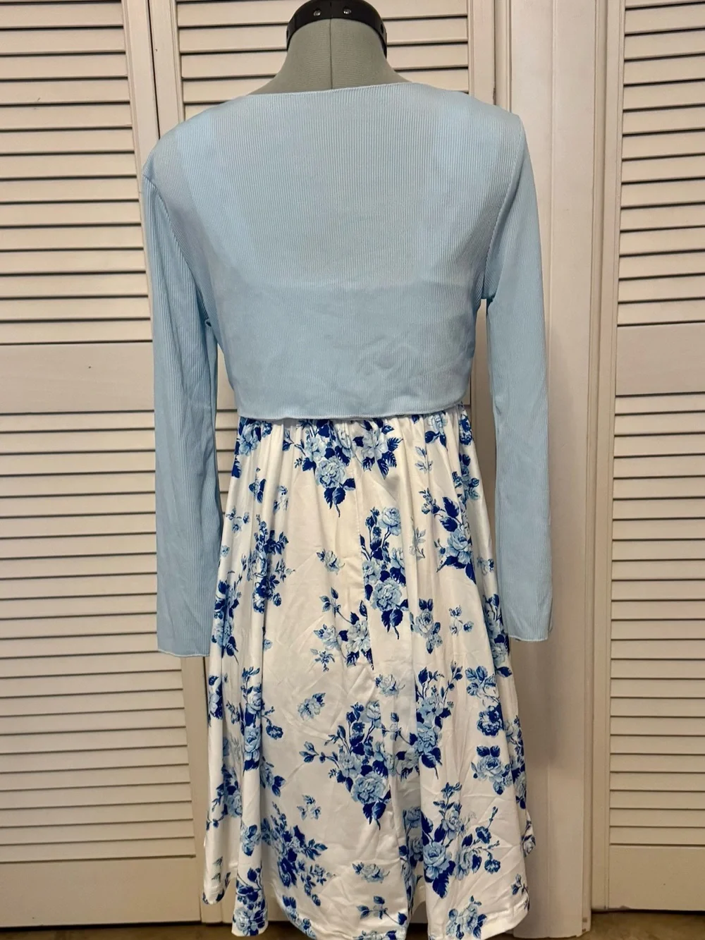 White & Blue Floral Midi Dress with Light Blue Tie Front Cardigan